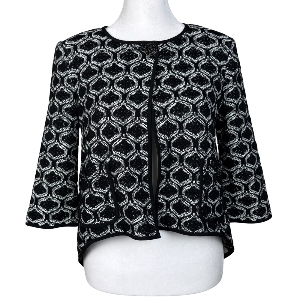 St. John Knit Jacket Womens 2 Black White High-Low Wool Blend Open Front Luxury